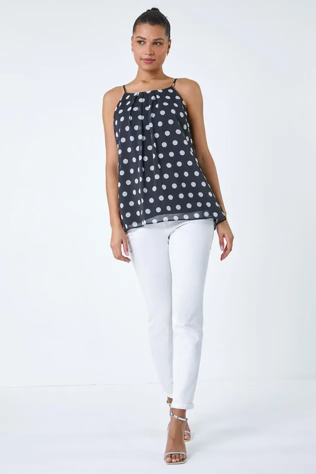 Black Polka Dot Print Chiffon Cami Top Women Roman Tops