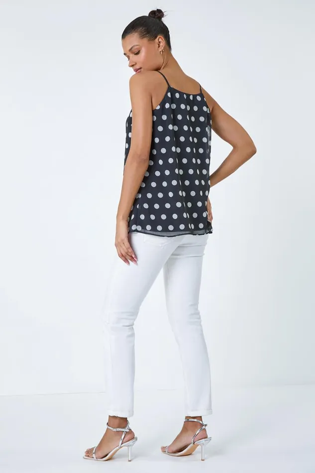 Black Polka Dot Print Chiffon Cami Top Women Roman Tops