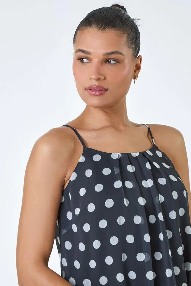 Black Polka Dot Print Chiffon Cami Top Women Roman Tops