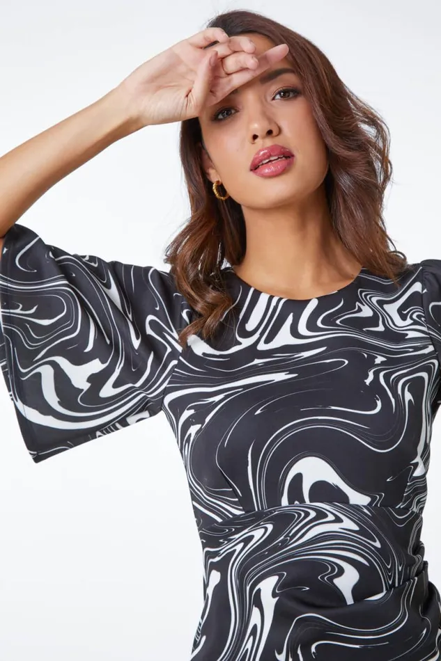 Black Premium Stretch Marble Angel Sleeve Dress Women Roman Dresses