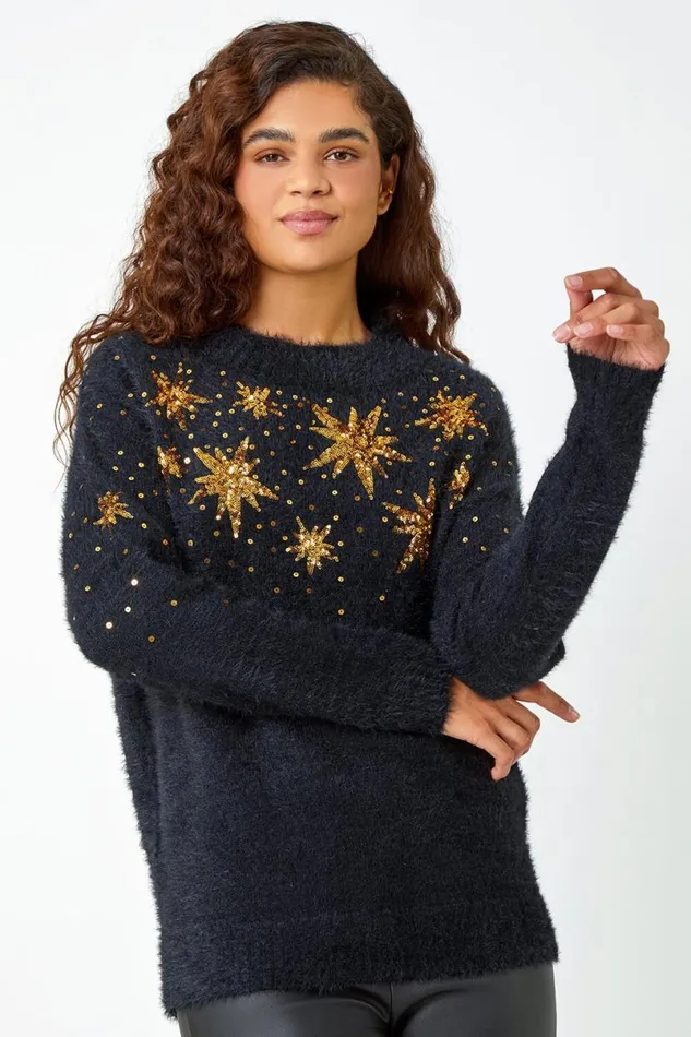 Black Sequin Embellished Fluffy Star Jumper Women Roman Knitwear