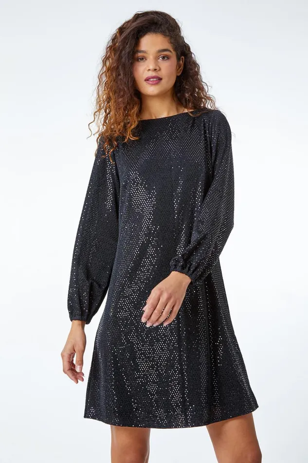 Black Sparkle Detail Swing Dress Women Roman Dresses