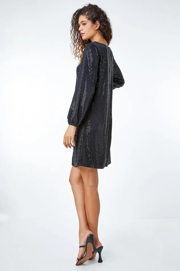 Black Sparkle Detail Swing Dress Women Roman Dresses