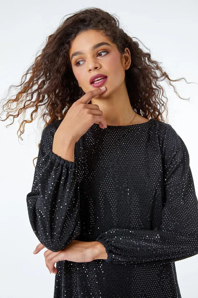 Black Sparkle Detail Swing Dress Women Roman Dresses