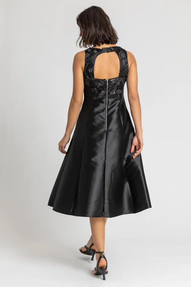 Black Sparkle Embellished Fit and Flare Skater Dress Women Roman Dresses