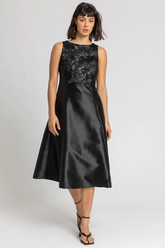 Black Sparkle Embellished Fit and Flare Skater Dress Women Roman Dresses