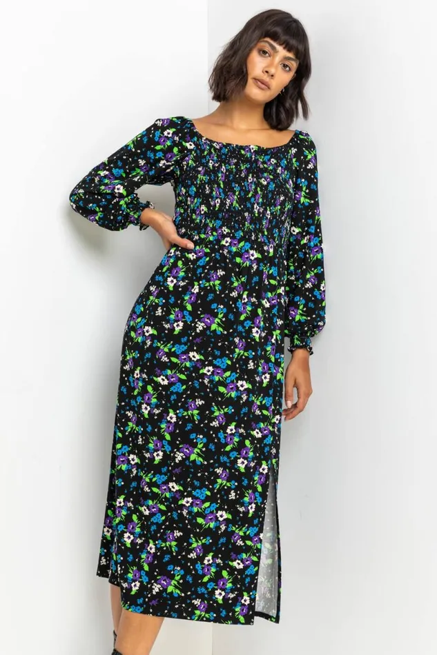 Black Square Neck Floral Maxi Dress Women Roman Dresses