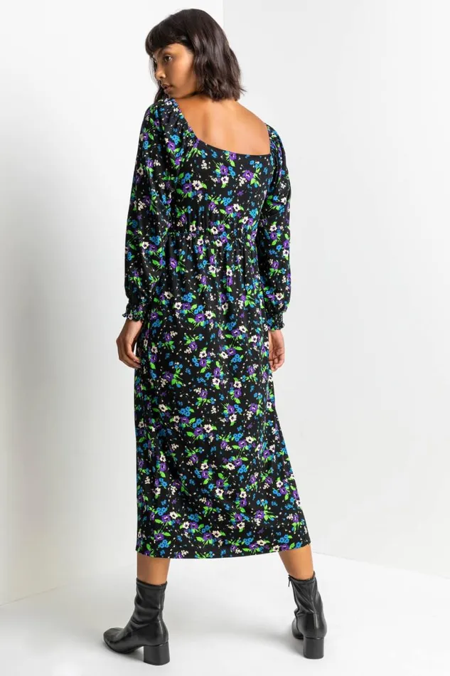 Black Square Neck Floral Maxi Dress Women Roman Dresses