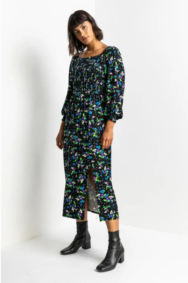 Black Square Neck Floral Maxi Dress Women Roman Dresses