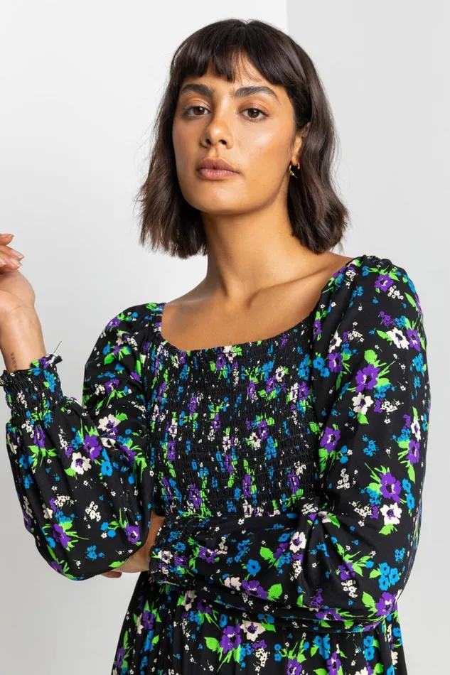 Black Square Neck Floral Maxi Dress Women Roman Dresses
