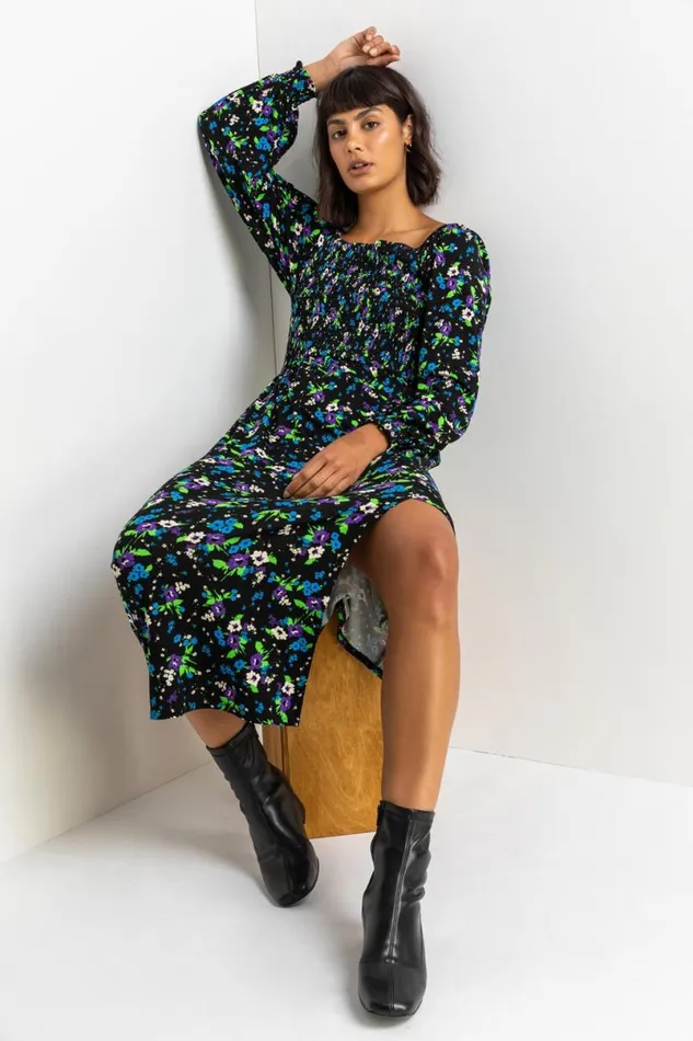 Black Square Neck Floral Maxi Dress Women Roman Dresses