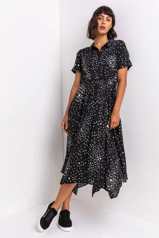 Black Star Print Hanky Shirt Dress Women Roman Dresses