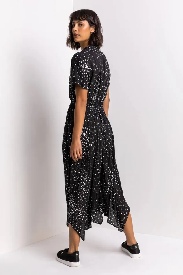 Black Star Print Hanky Shirt Dress Women Roman Dresses