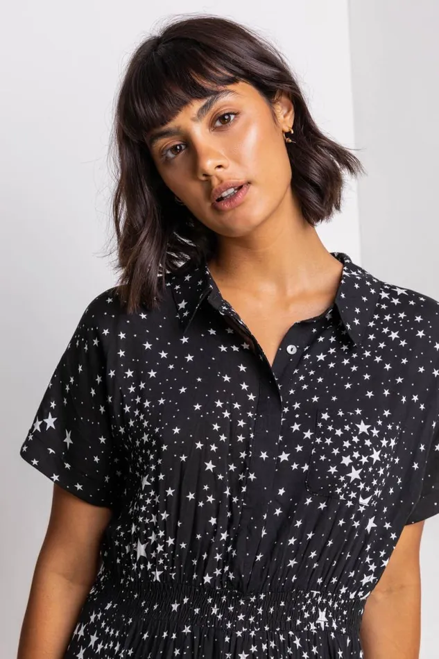 Black Star Print Hanky Shirt Dress Women Roman Dresses
