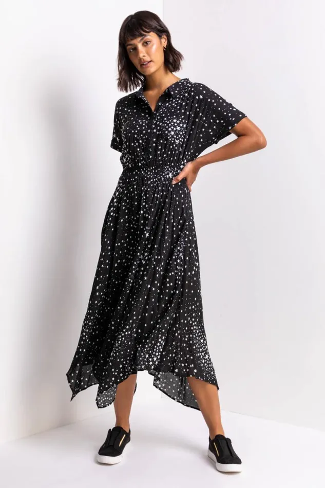 Black Star Print Hanky Shirt Dress Women Roman Dresses