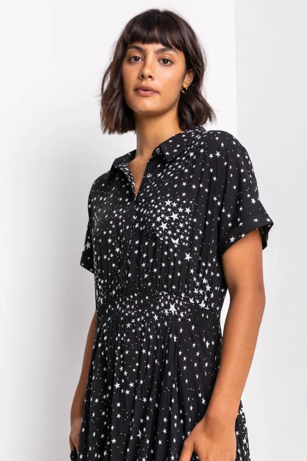 Black Star Print Hanky Shirt Dress Women Roman Dresses