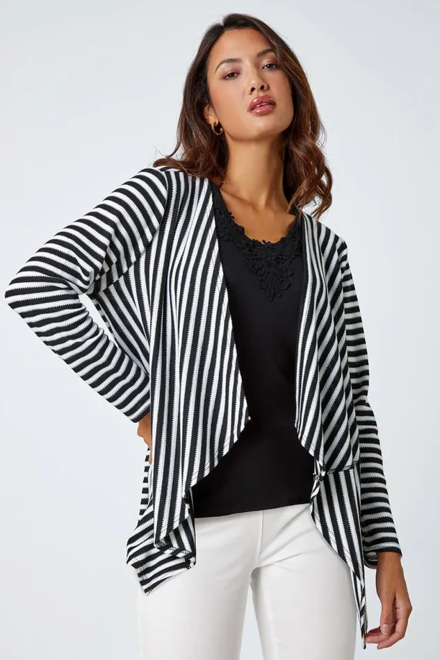Black Stripe Cardigan and Lace Vest Stretch Top Women Roman Tops