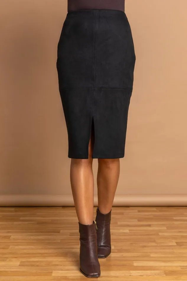 Black Suedette Stretch Pencil Skirt Women Roman Occasionwear