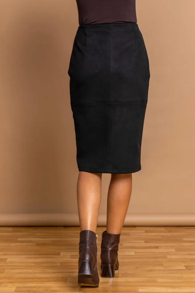 Black Suedette Stretch Pencil Skirt Women Roman Occasionwear
