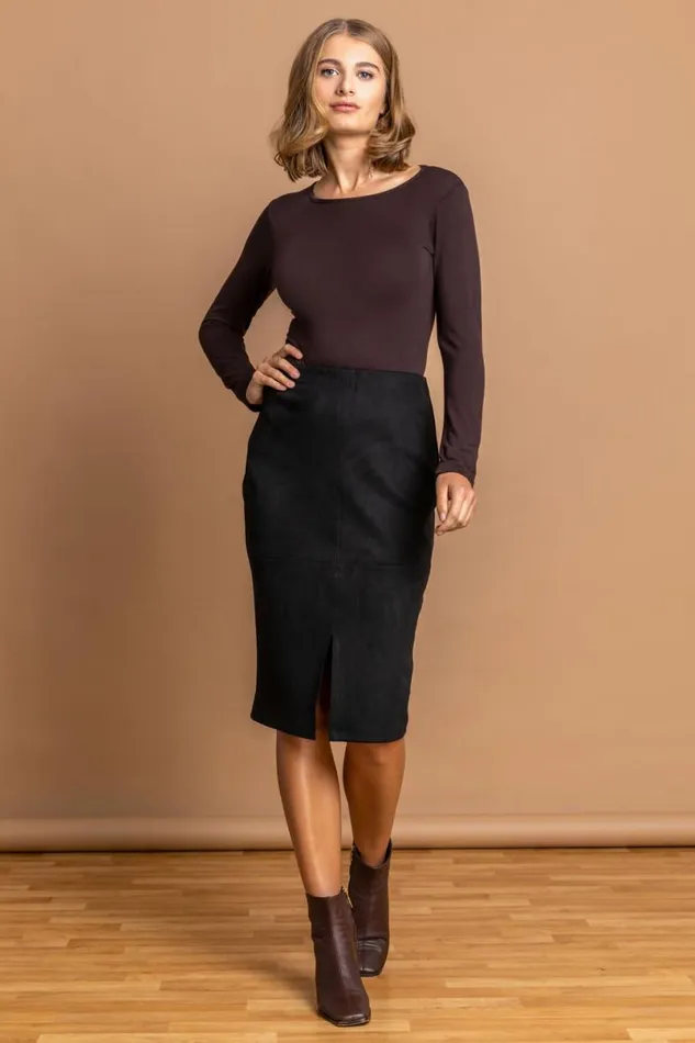 Black Suedette Stretch Pencil Skirt Women Roman Occasionwear