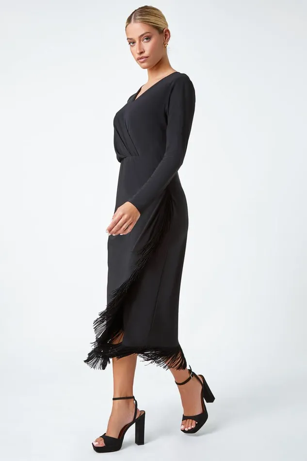 Black Tassel Trim Stretch Wrap Dress Women Roman Dresses