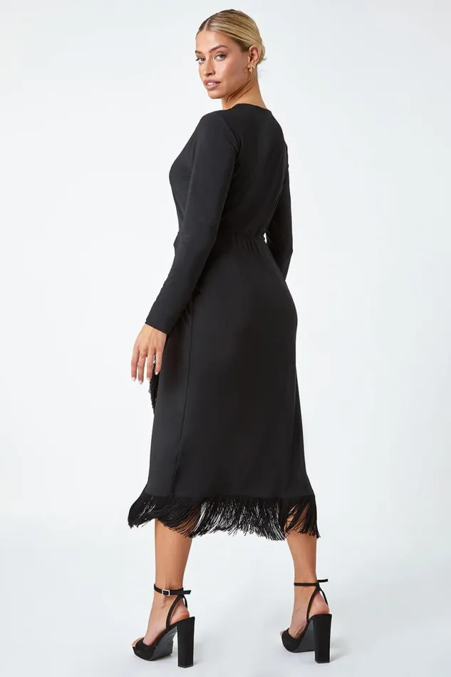 Black Tassel Trim Stretch Wrap Dress Women Roman Dresses