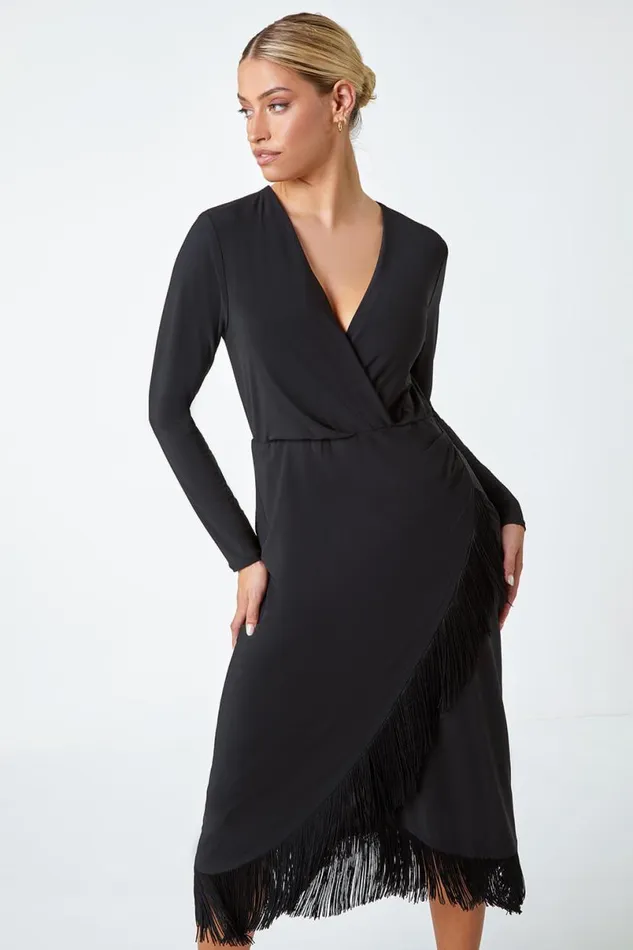 Black Tassel Trim Stretch Wrap Dress Women Roman Dresses
