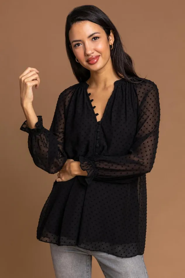 Black Textured Spot Print Long Sleeve Chiffon Blouse Women Roman Tops