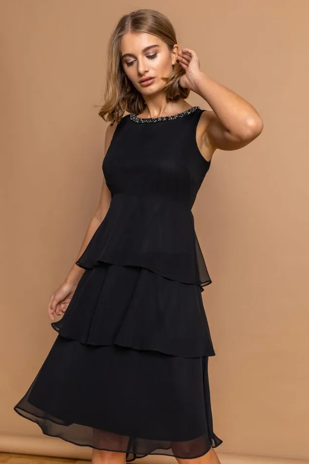 Black Tiered Embellished Neck Chiffon Dress Women Roman Dresses