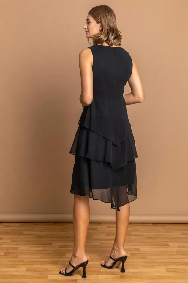 Black Tiered Embellished Neck Chiffon Dress Women Roman Dresses