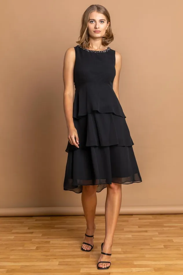 Black Tiered Embellished Neck Chiffon Dress Women Roman Dresses
