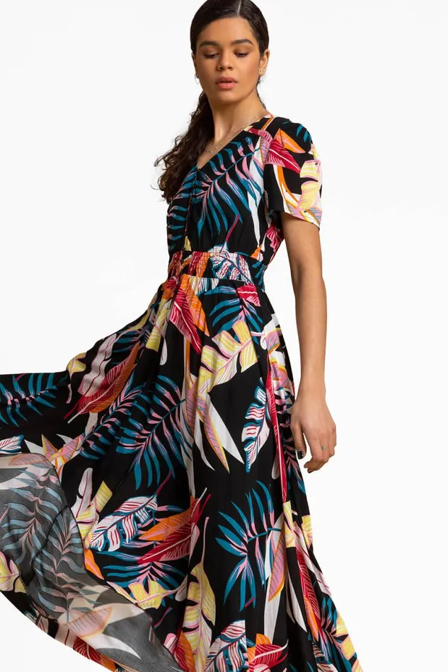 Black Tropical Palm Shirred Waist Maxi Dress Women Roman Dresses