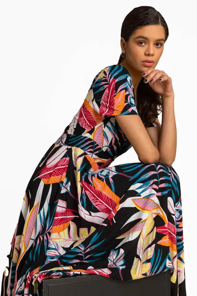 Black Tropical Palm Shirred Waist Maxi Dress Women Roman Dresses