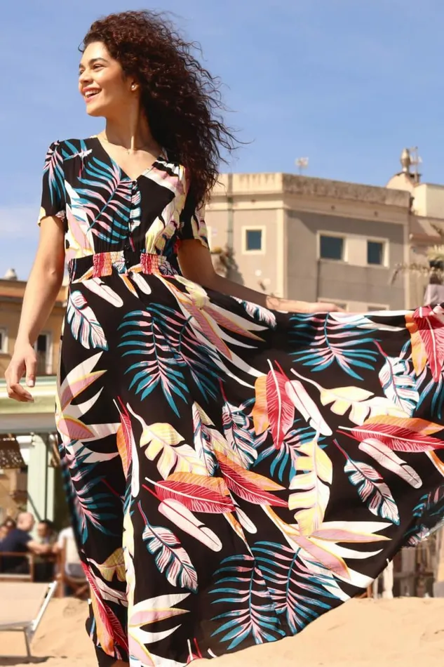 Black Tropical Palm Shirred Waist Maxi Dress Women Roman Dresses