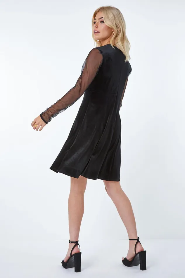 Black Velvet Sheer Sleeve Mini Dress Women Roman Dresses