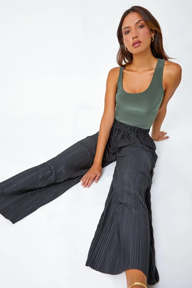 Black Wide Leg Plisse Elastic Waist Stretch Trouser Women Roman Occasionwear