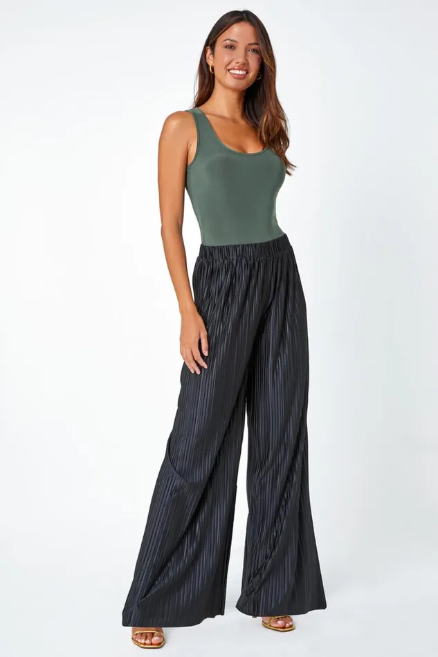 Black Wide Leg Plisse Elastic Waist Stretch Trouser Women Roman Occasionwear