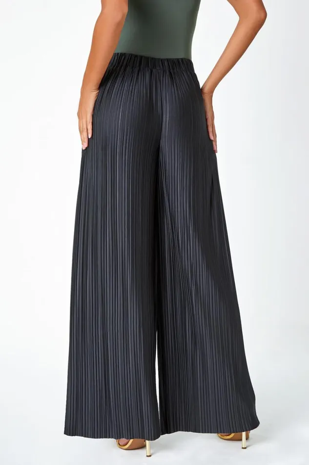 Black Wide Leg Plisse Elastic Waist Stretch Trouser Women Roman Occasionwear