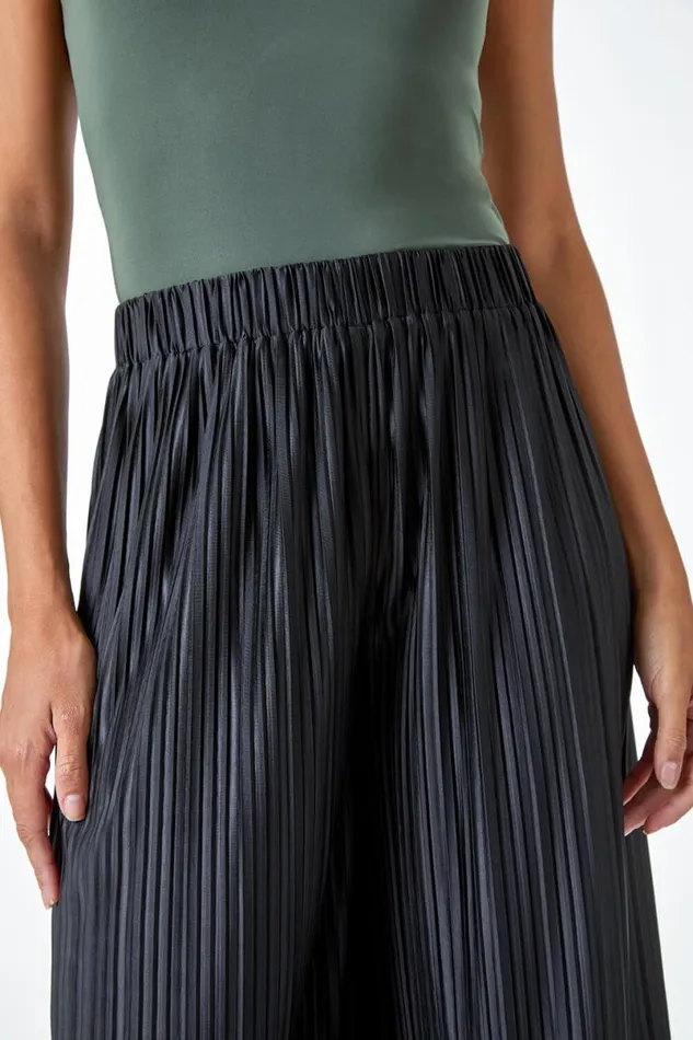 Black Wide Leg Plisse Elastic Waist Stretch Trouser Women Roman Occasionwear