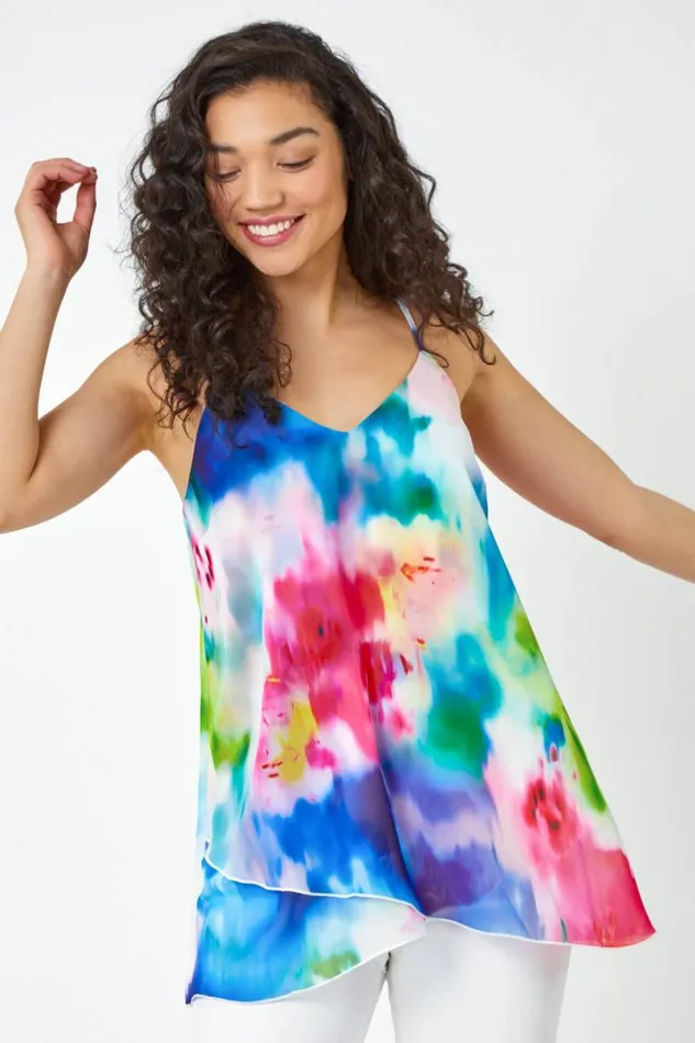 Blue Abstract Print Double Layer VNeck Cami Top Women Roman Tops