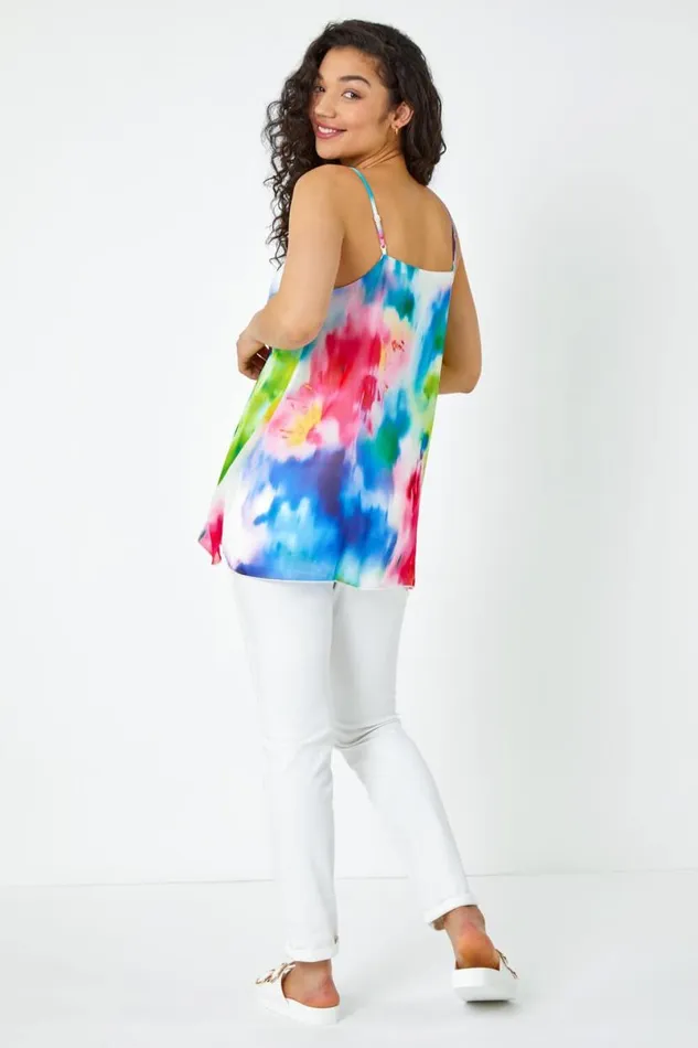 Blue Abstract Print Double Layer VNeck Cami Top Women Roman Tops