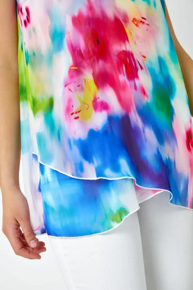Blue Abstract Print Double Layer VNeck Cami Top Women Roman Tops