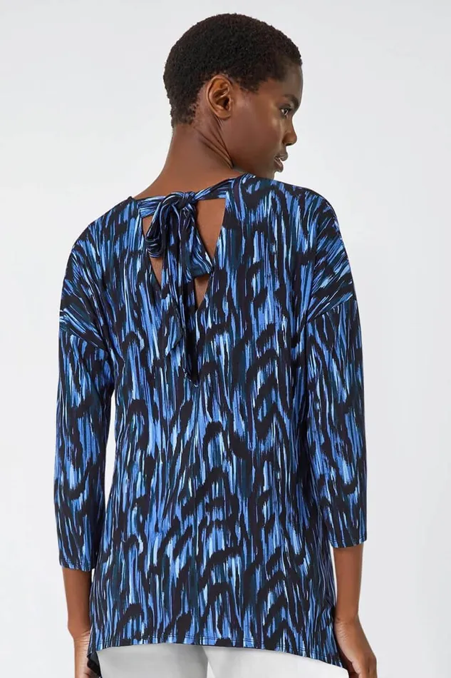 Blue Abstract Print Tie Back Stretch Top Women Roman Tops