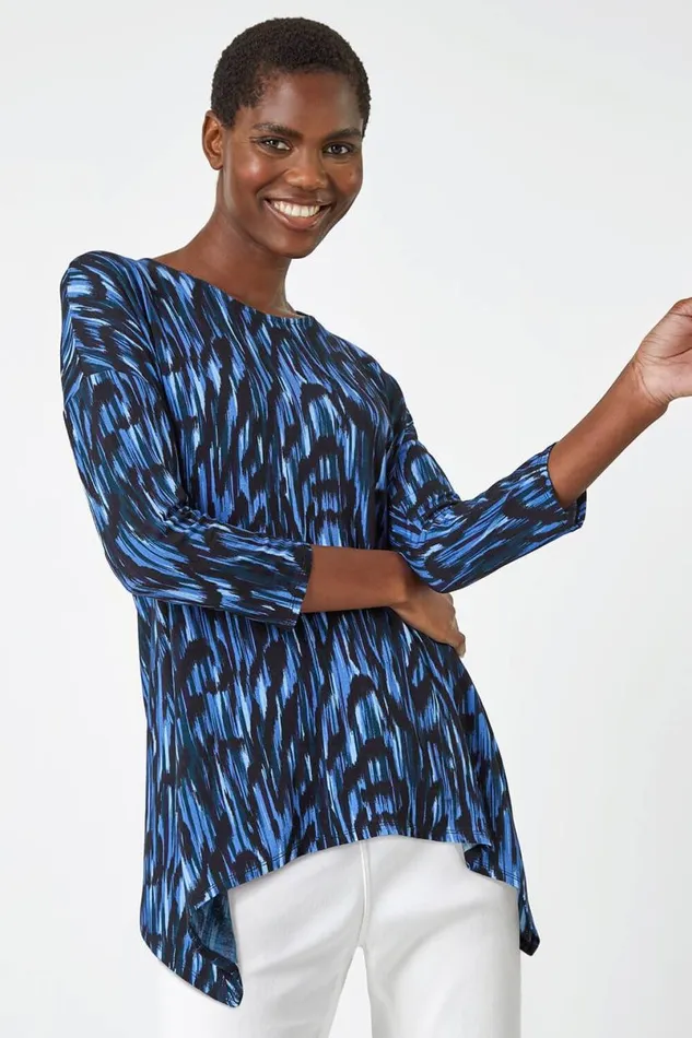 Blue Abstract Print Tie Back Stretch Top Women Roman Tops