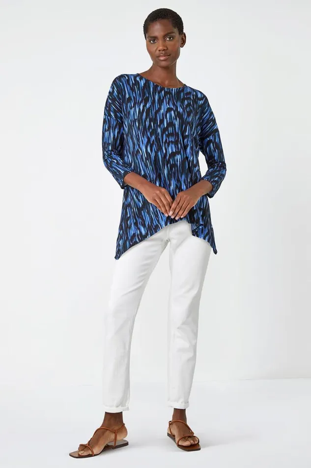 Blue Abstract Print Tie Back Stretch Top Women Roman Tops