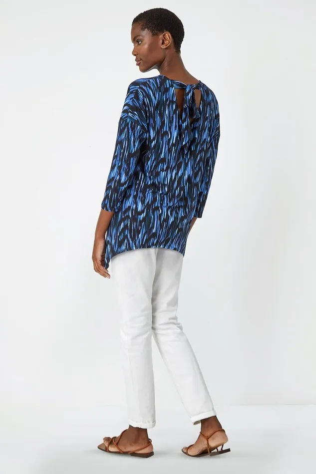 Blue Abstract Print Tie Back Stretch Top Women Roman Tops