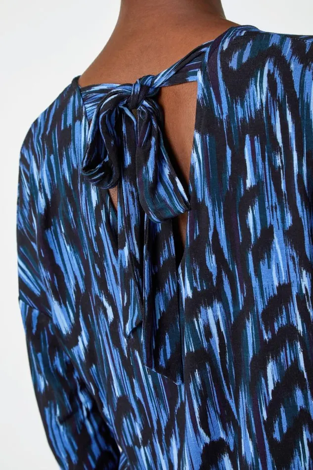 Blue Abstract Print Tie Back Stretch Top Women Roman Tops