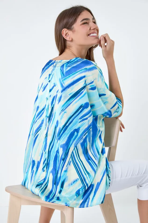 Blue Abstract Stripe Button Back Top Women Roman Tops