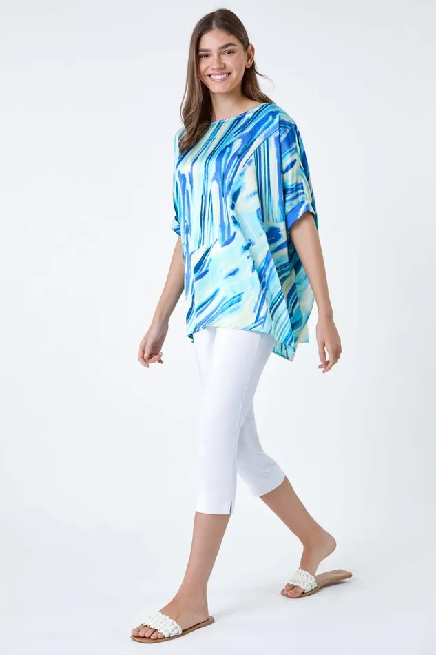 Blue Abstract Stripe Button Back Top Women Roman Tops