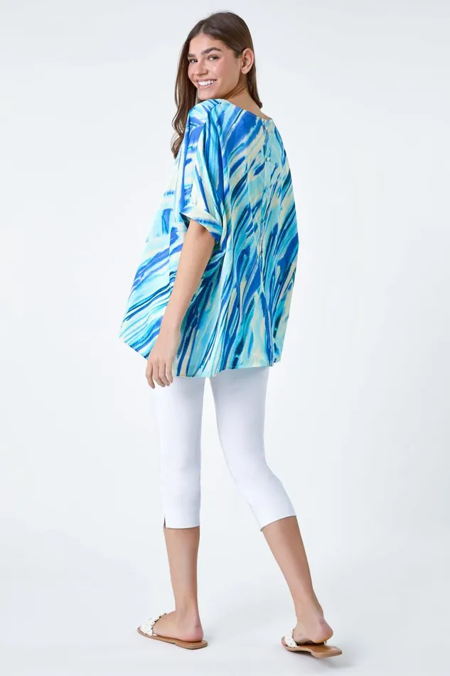 Blue Abstract Stripe Button Back Top Women Roman Tops